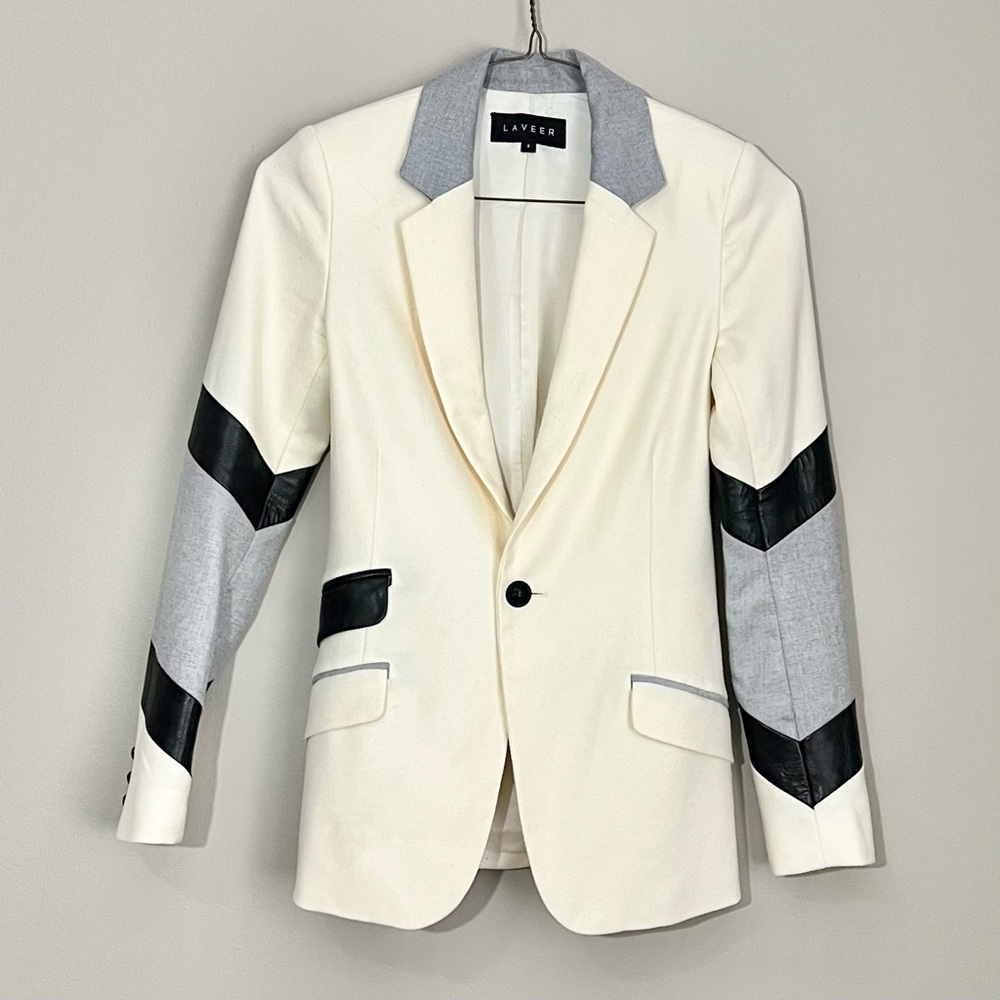 Laveer Cream Wool & Lambskin Leather Blazer 0 Metal Button Military Luxury USA
